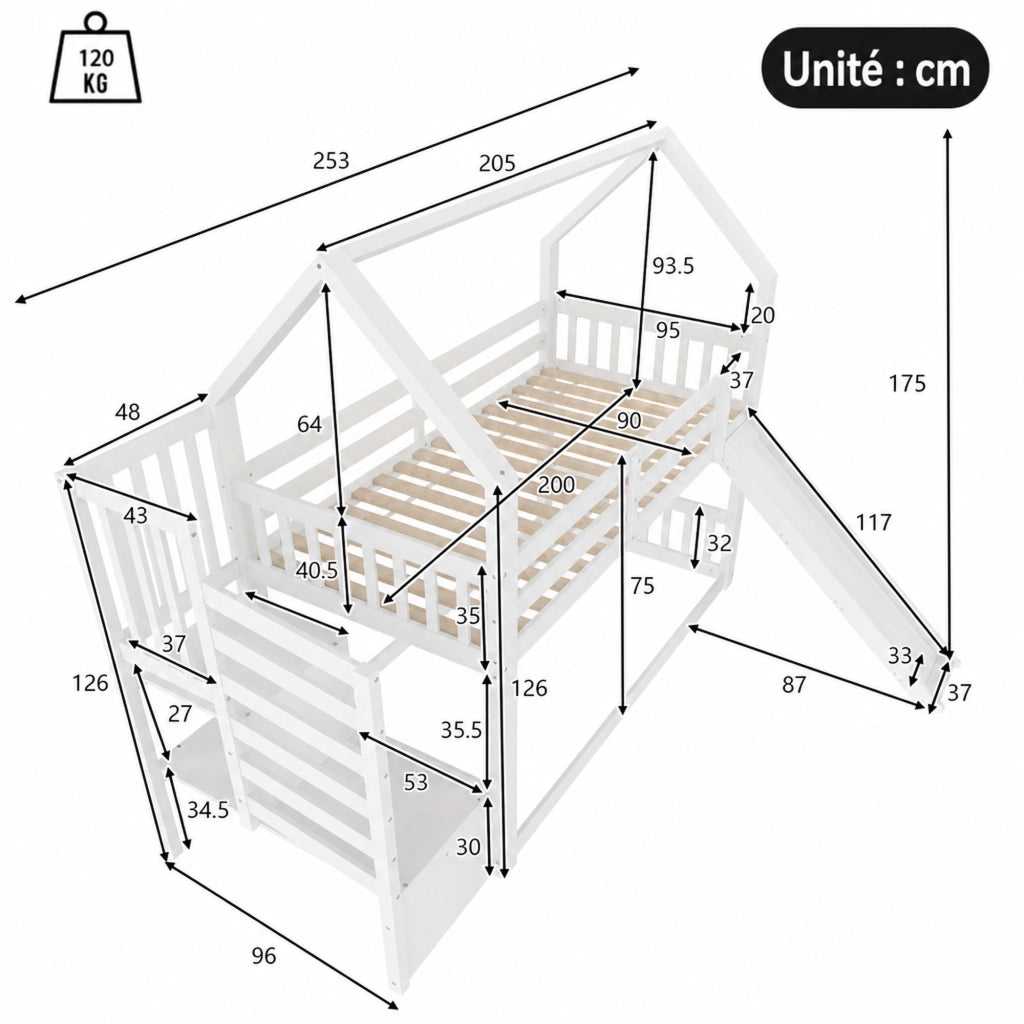DESMIU Lit a castello casetta 90 × 200 cm 2 posti con scivolo e contenitore, senza materasso, bianco