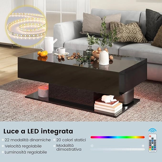 Tavolino da Caffè Moderno, Tavolino a 2 Piani con 20 Luci LED a Colori, 2 Cassetti Portaoggetti e Finitura Lucida, Tavolino Rettangolare per Salotto, Studio e Camera da Letto (Nero)