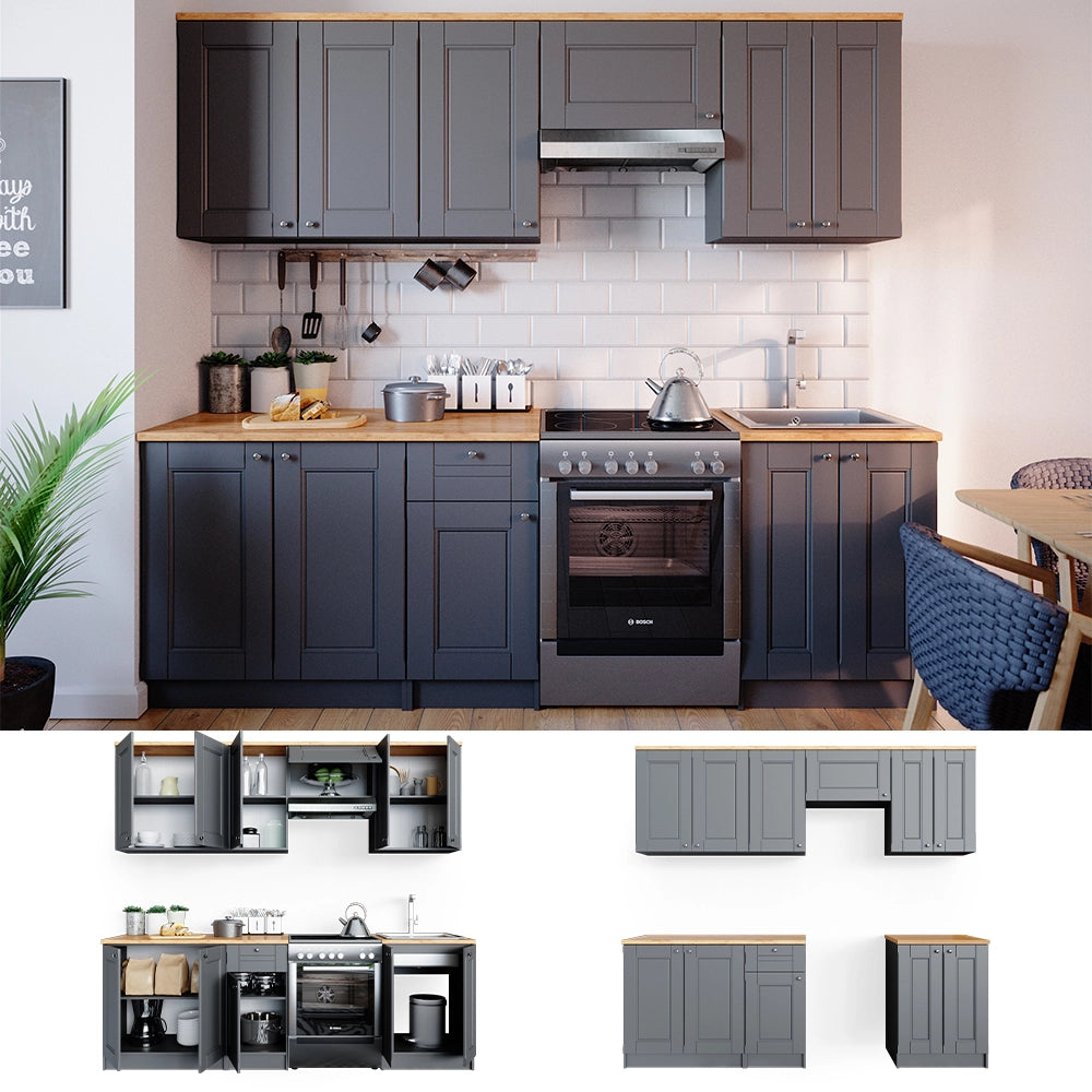 Cucina componibile Bergamo Grigio nobile/Rovere dorato 240 cm, PL Goldkraft con striscia LED Vicco