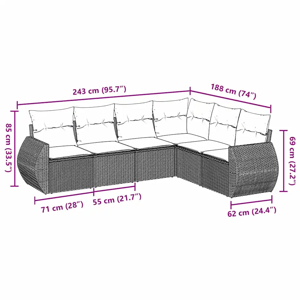 Set Divano da Giardino 6pz con Cuscini Grigio Chiaro Polyrattan