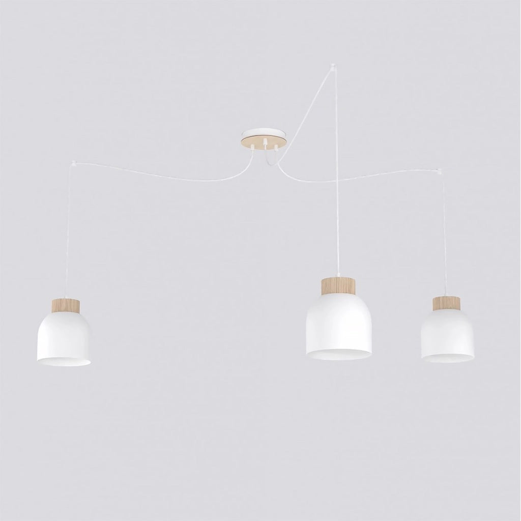 Lampada a sospensione KRU a tre luci in metallo bianco e legno
