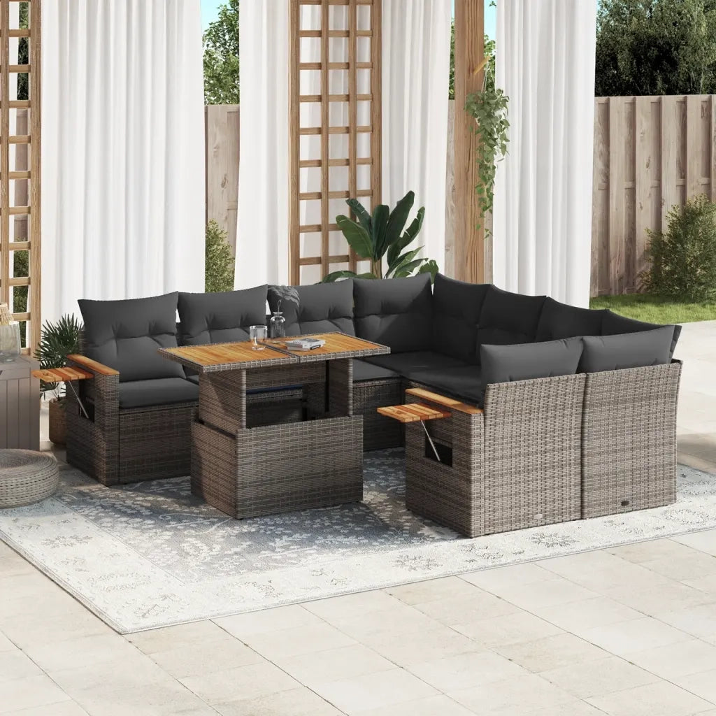 Set Divano da Giardino 9 pz con Cuscini Grigio in Polyrattan