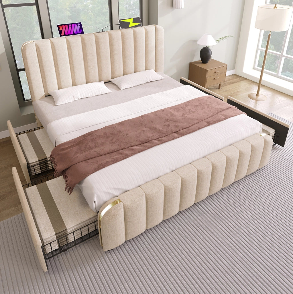 Letto matrimoniale 180x200 cm in lino beige con testiera imbottita; USB e 4 cassetti