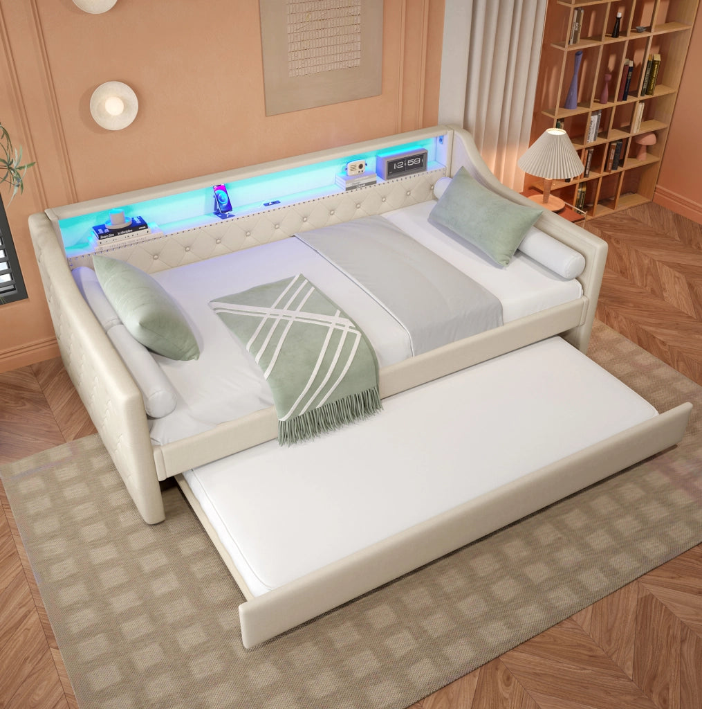 Letto singolo 90x200 cm con letto estraibile; LED e USB in lino e MDF beige