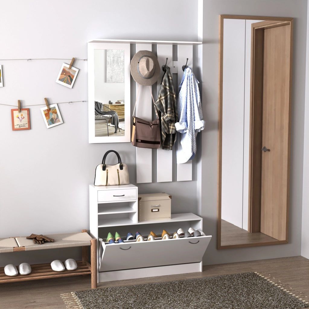 Scarpiera Appendiabiti con Specchio e Cassetti ¨C zephmum ¨C Bianco 90x24x166 cm