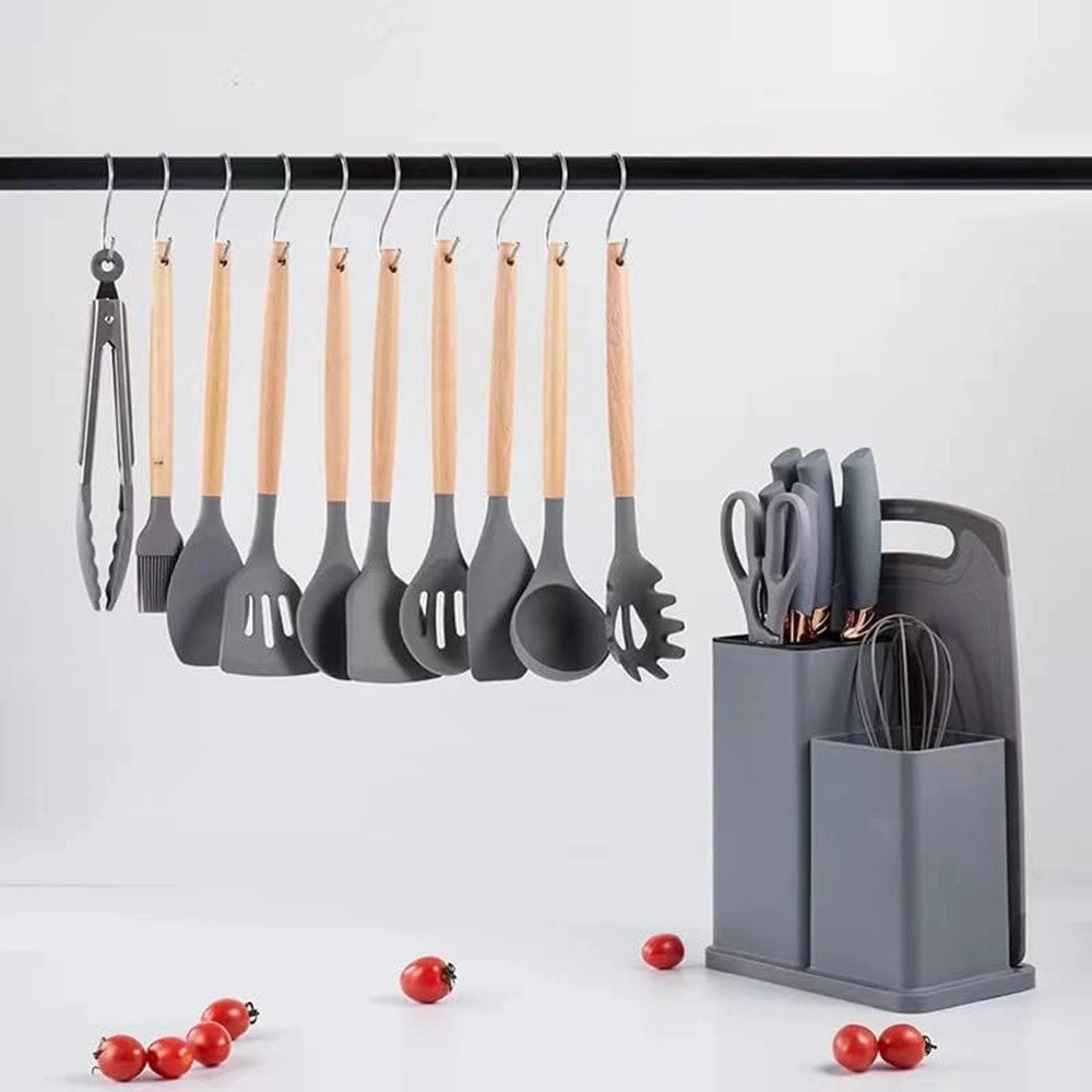 Trade Shop - Set Di Utensili Coltelli Da Cucina Da Chef Da 19 Pezzi In Silicone Con Manico In Legno -