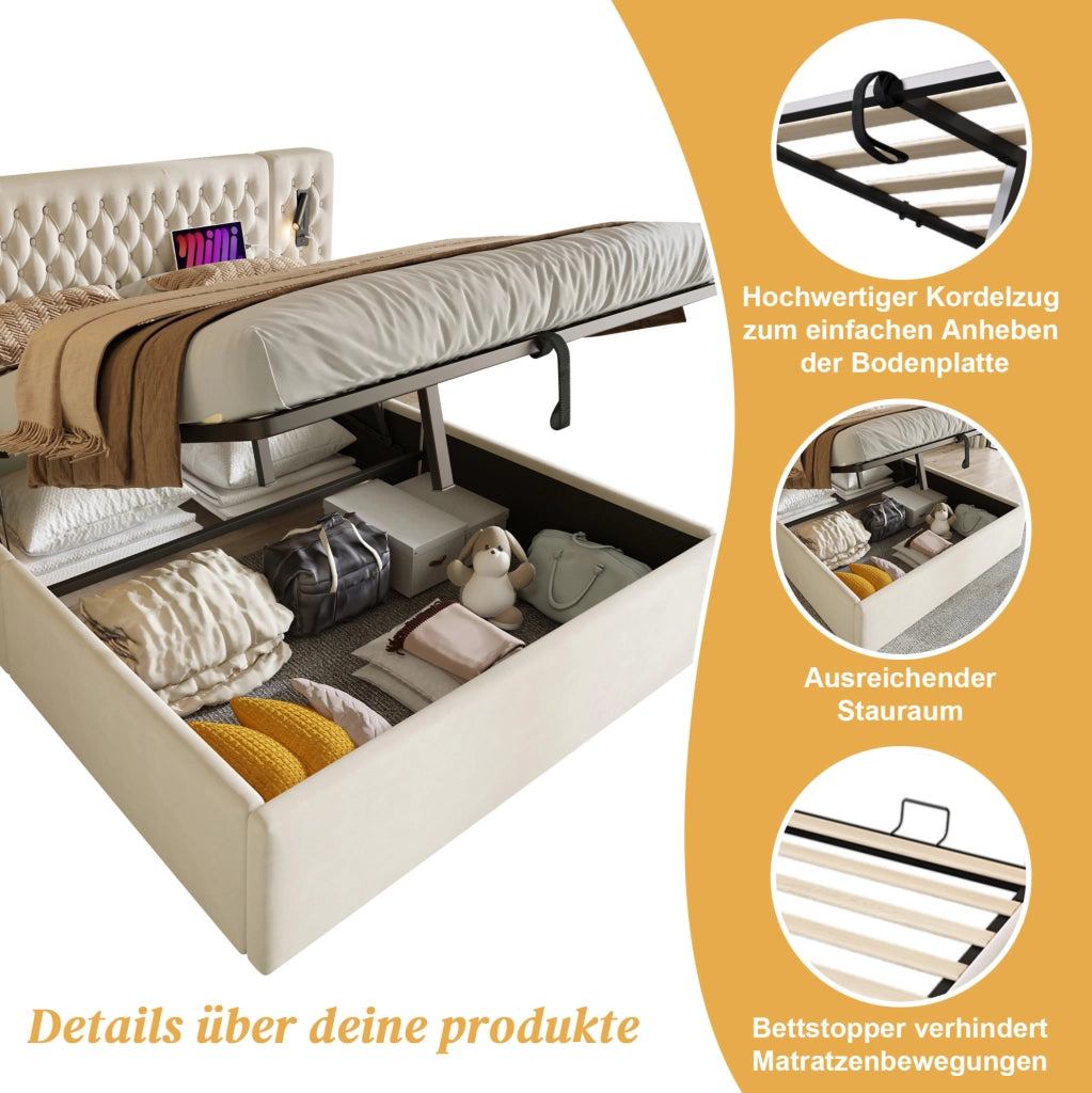 Letto matrimoniale contenitore 160x200 cm beige con comodini