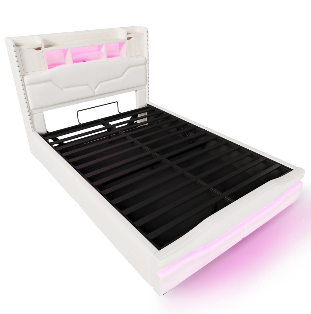 Letto imbottito ULEVR 140x200 cm con contenitore idraulico, LED, prese USB e Type-C, beige