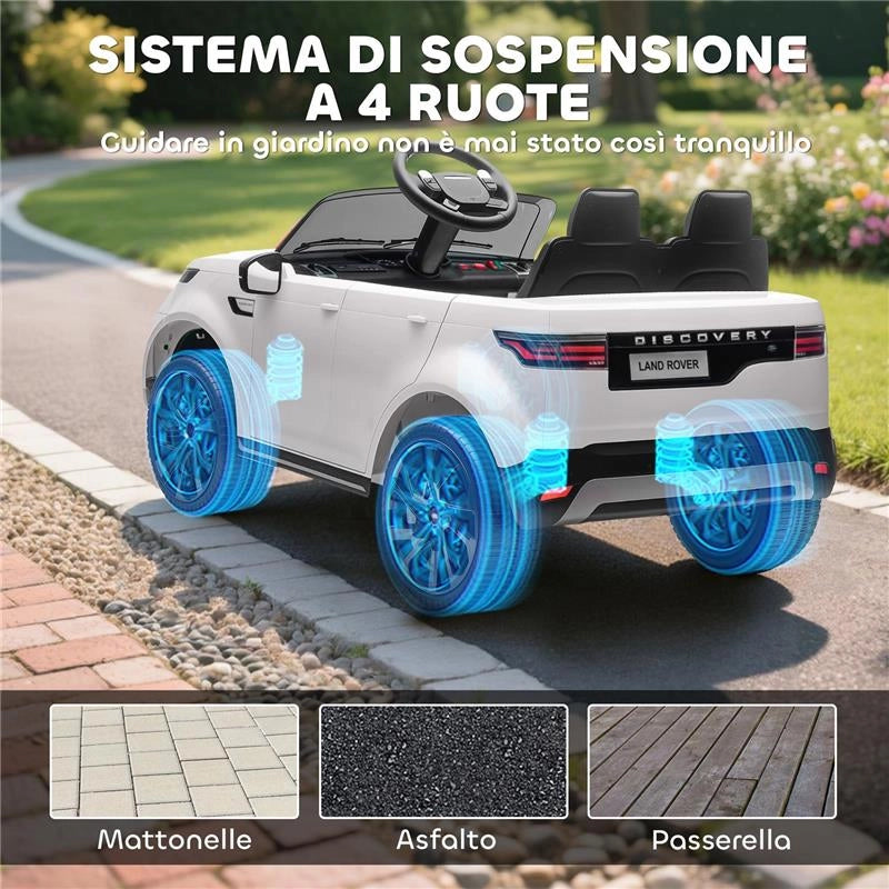 MACCHINA ELETTRICA PER BAMBINI LICENZA LAND ROVER CON FARI LED, CLACSON E TELECOMANDO, 105X68.5X58 CM, BIANCO