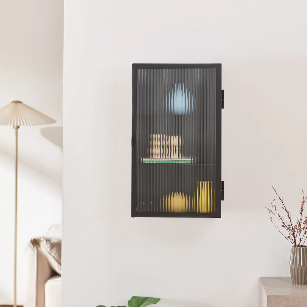 Armadietto a Parete Zundert Pensile ad Anta in Vetro Scanalato 60 x 35 x 15 cm - Nero [en.casa]
