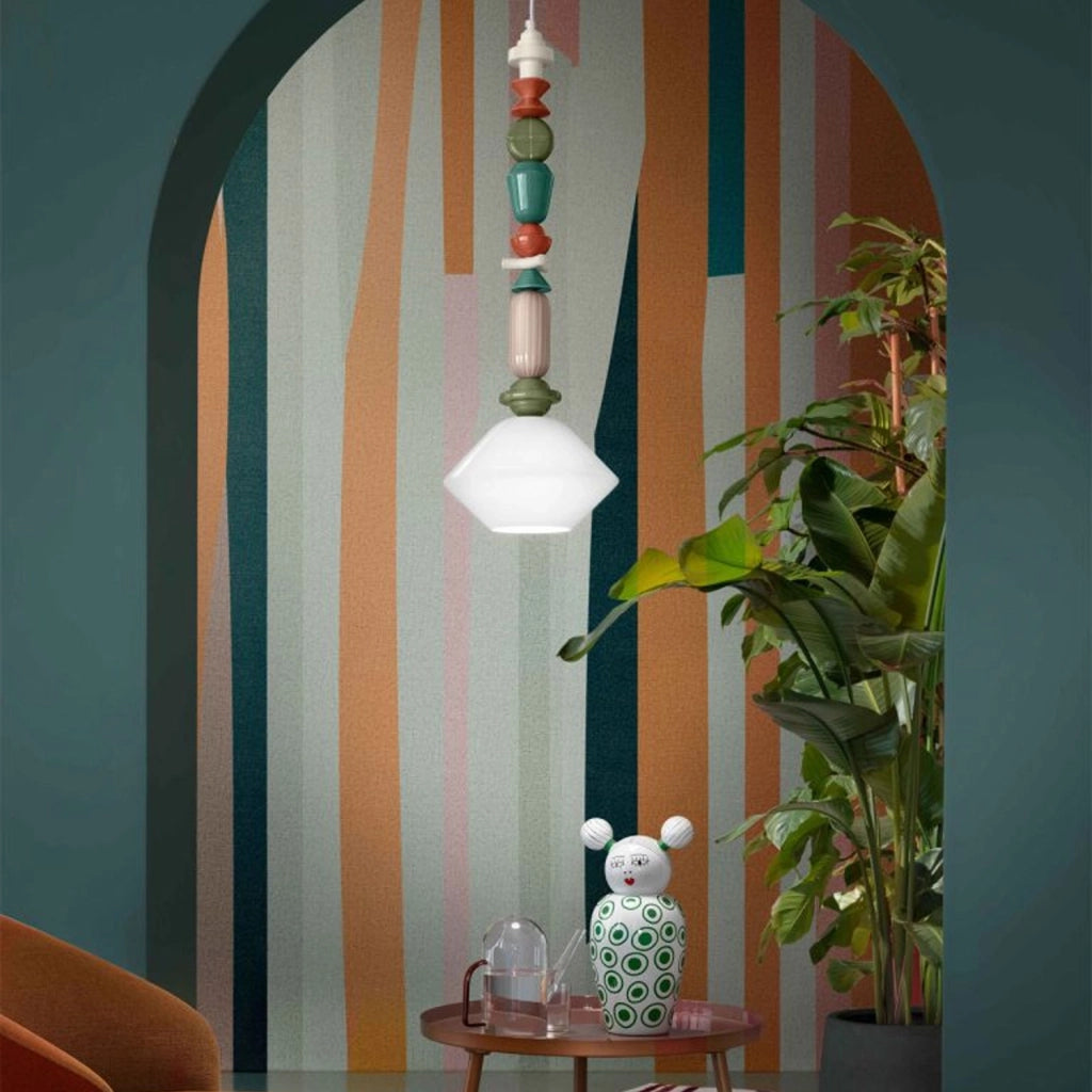 Sospensione Grande Vintage Decò Lariat Ceramica Bianco Latte 1 Luce E27