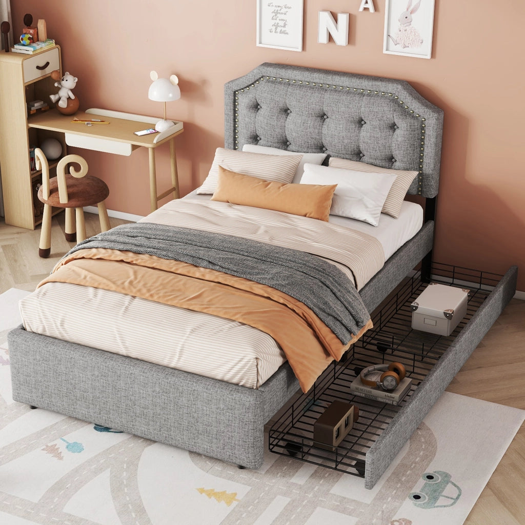 OKWISH Letto Singolo 90×200 cm con 2 Cassetti, Testiera Regolabile e Borchie Decorative, senza Materasso, in MDF, Grigio
