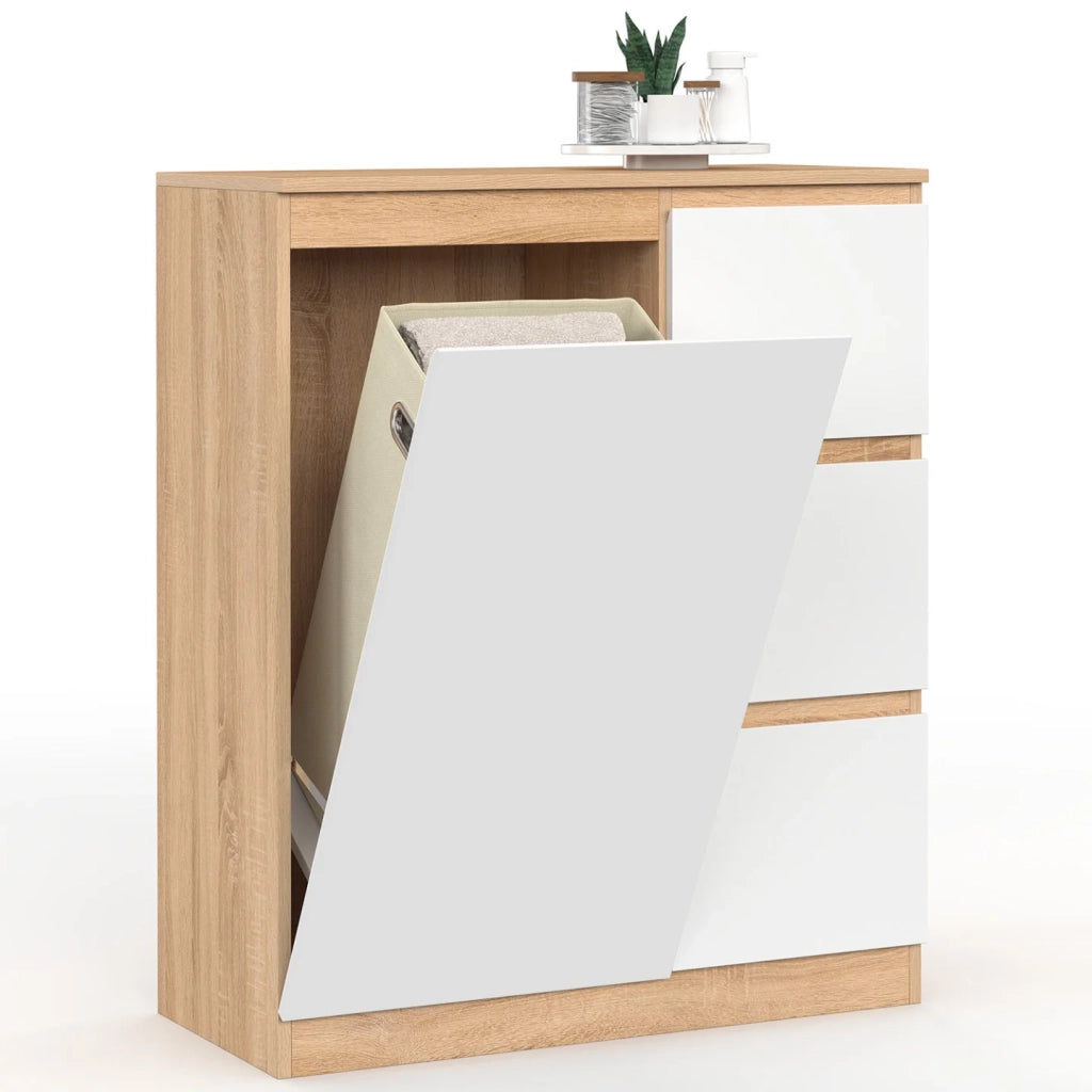 IDMarket - Mobile bagno a 1 anta TOMI con cesto portabiancheria estraibile e 3 cassetti effetto faggio bianco