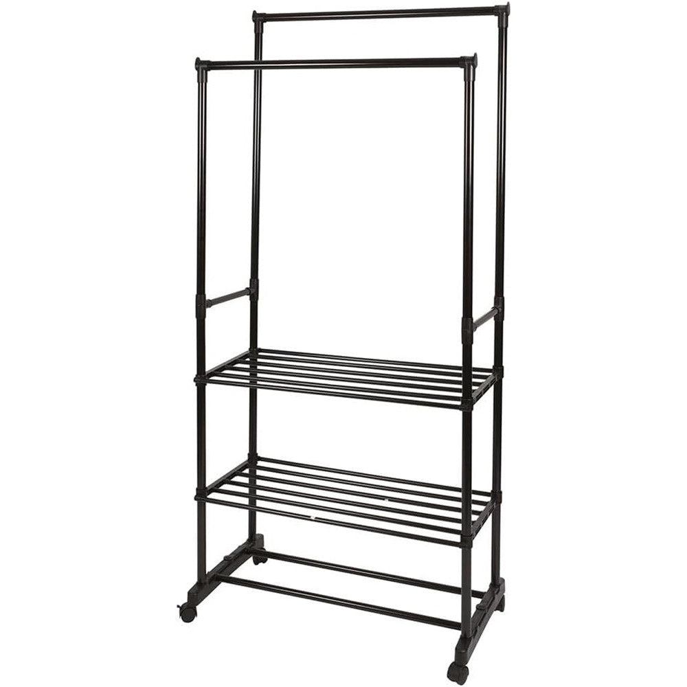 Trade Shop - Appendiabiti Multistand Armadio In Metallo Altezza Regolabile 2 Aste 4 Ruote 3 Ripiani -