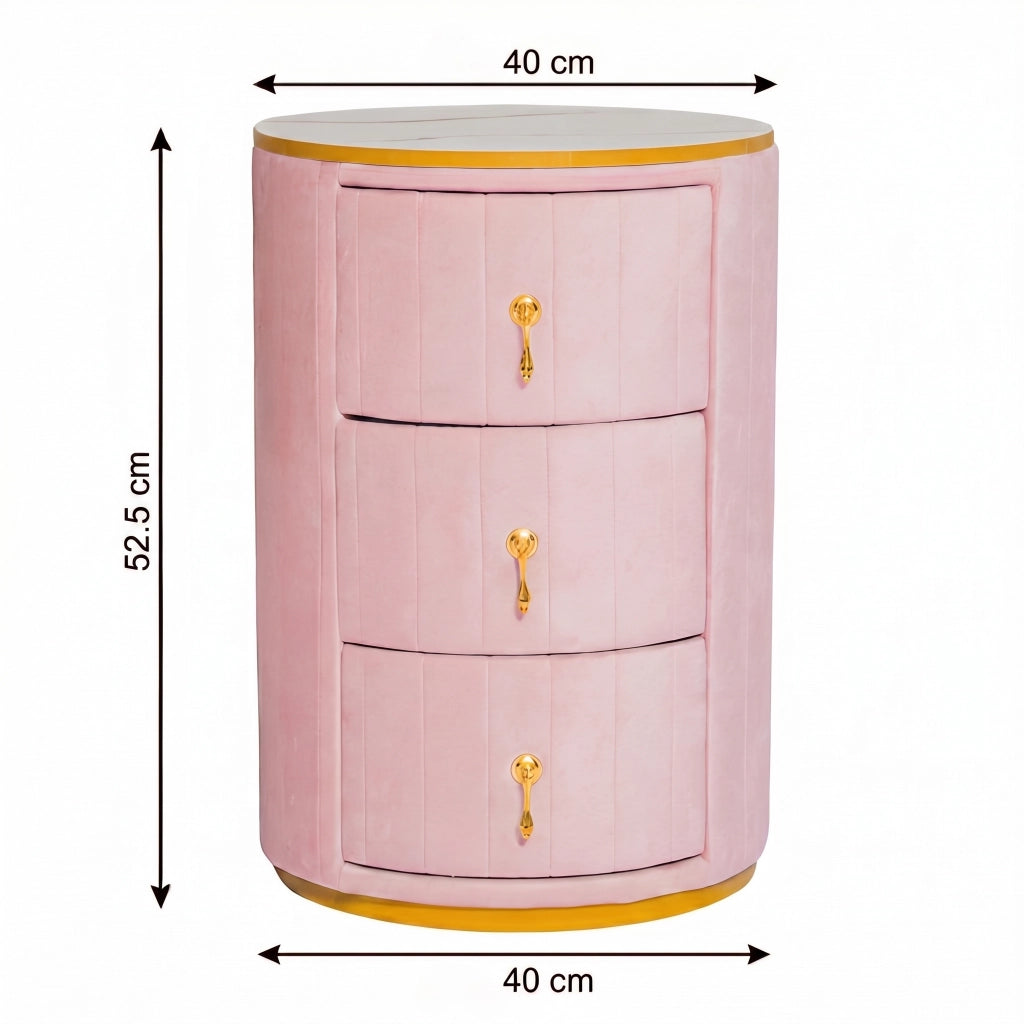 Tavolino da Comodino con 3 Cassetti ¨C MINIMAL ¨C Velluto Rosa, Piano in Marmo, Gambe Oro