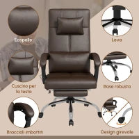 Sedia da Ufficio Massaggiante in Pelle PU ad Altezza Regolabile con Poggiapiedi e Telecomando, 66x67x115-123 cm, Marrone