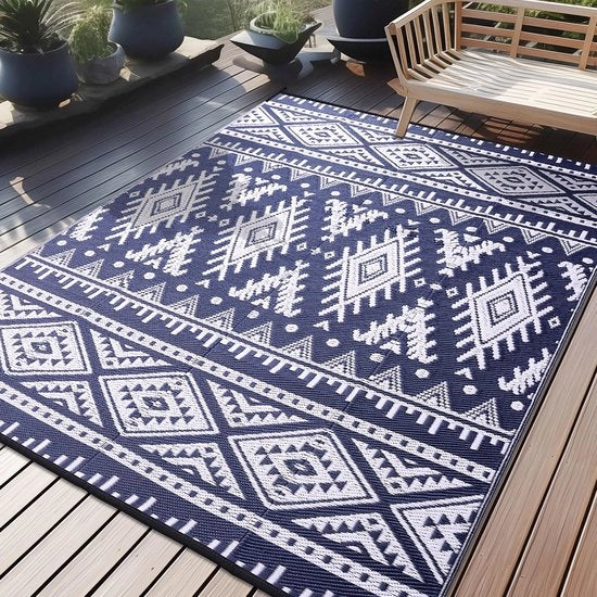Tappeto Esterno Resistente all'Uso Esterno, Panno Plastico Opiegalabile Lavabile Resistente ai Raggi UV Invertibile Per Balcone Giardino Tappeto per Terrazza Campeggio Picnic (180 x 270 cm, Blu Marino & Bianco)