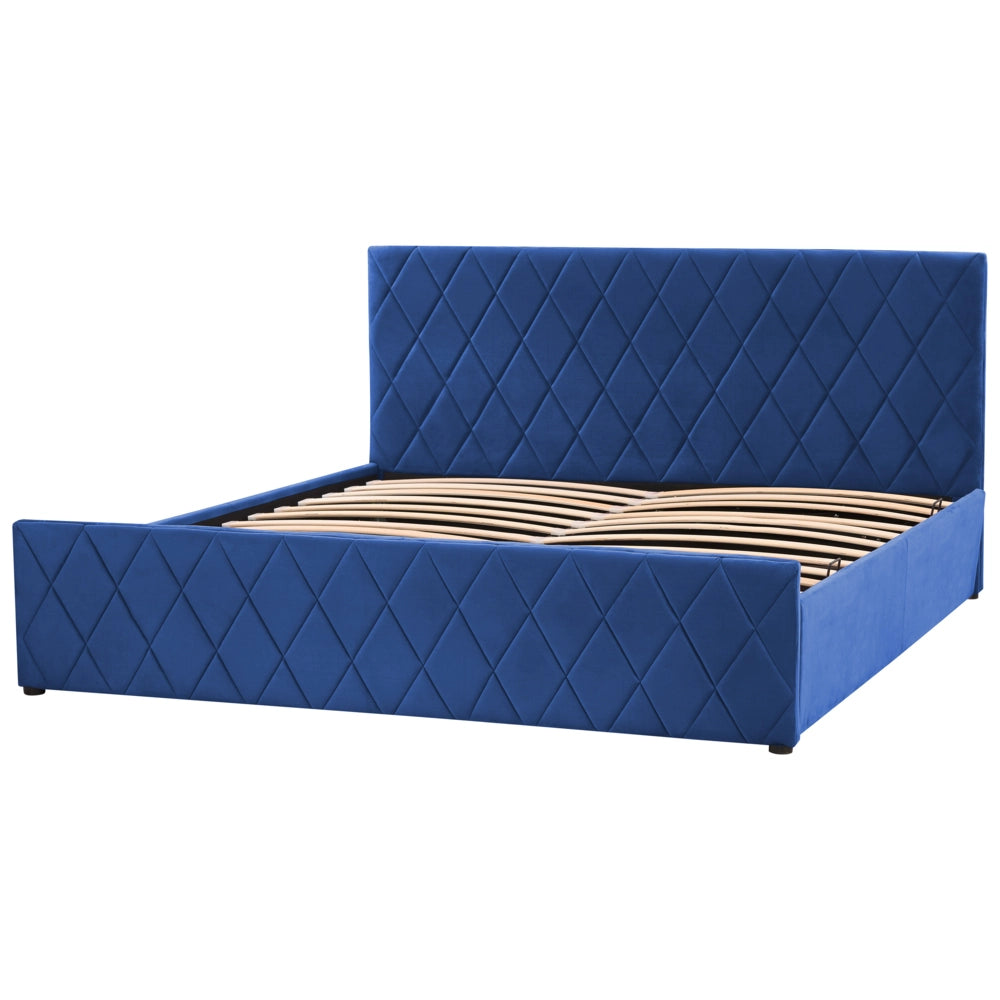 Letto contenitore Rivestimento in velluto blu 180 x 200 cm con testiera trapuntata a rombi con base a doghe
