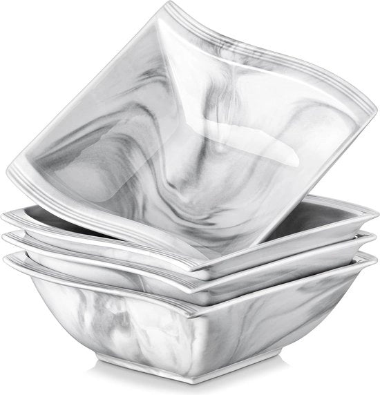 Piatti per zuppa e cereali, 850 ml piatti per cucina, piatto ceramico quadrato per cottura, grandi piatti da servizio, piatti in marmo grigio per insalata pasta dolce, sicuri al lavello, serie Flora (FLORA-4SBS)