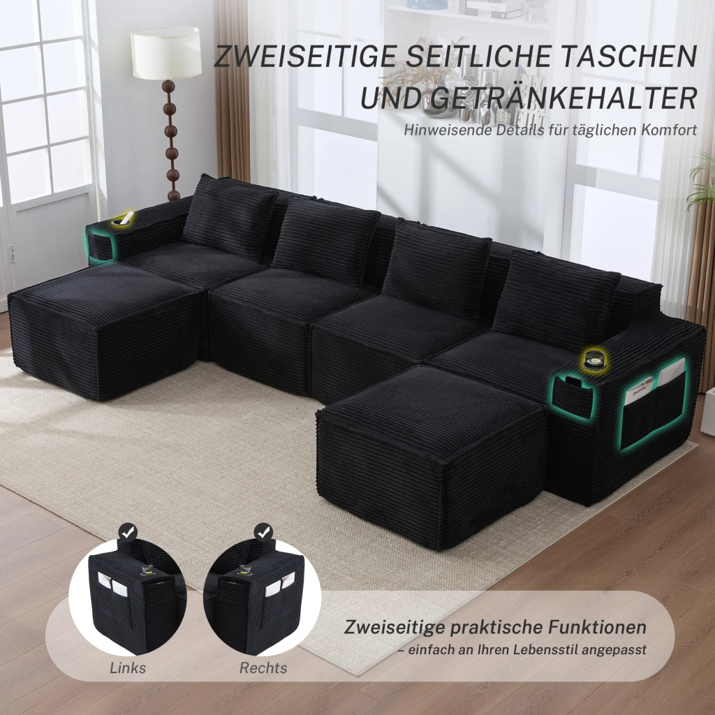 Divano modulare a 4 posti in tessuto a coste con 2 pouf, portabicchieri e tasche laterali, nero 330 × 162 × 75 cm
