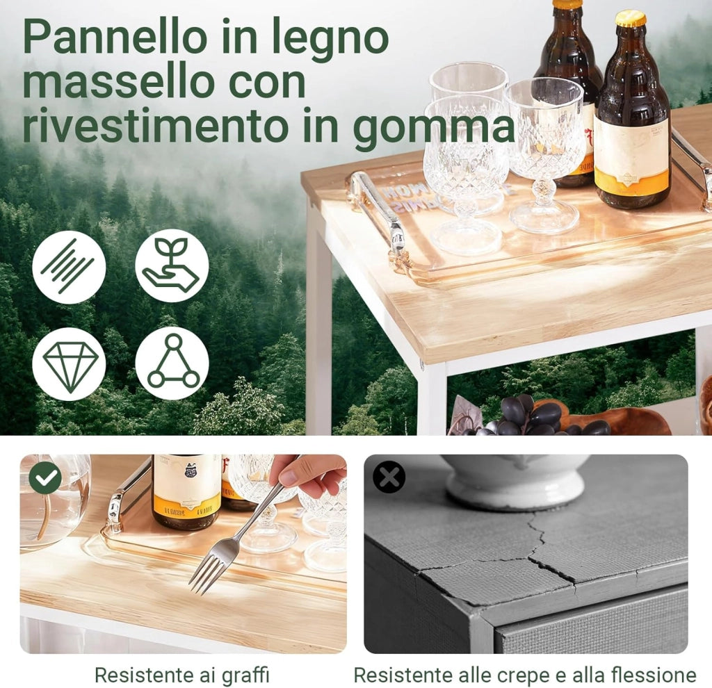 Carrello Cucina con Ruote Salvaspazio per Piccoli Spazi, Mobiletto Cucina con Cassetti e Ripiani, Carrello con Ruote Portatutto da Cucina, Isola Cucina Compatta Bianco 53x37x89 cm FKW111-WN