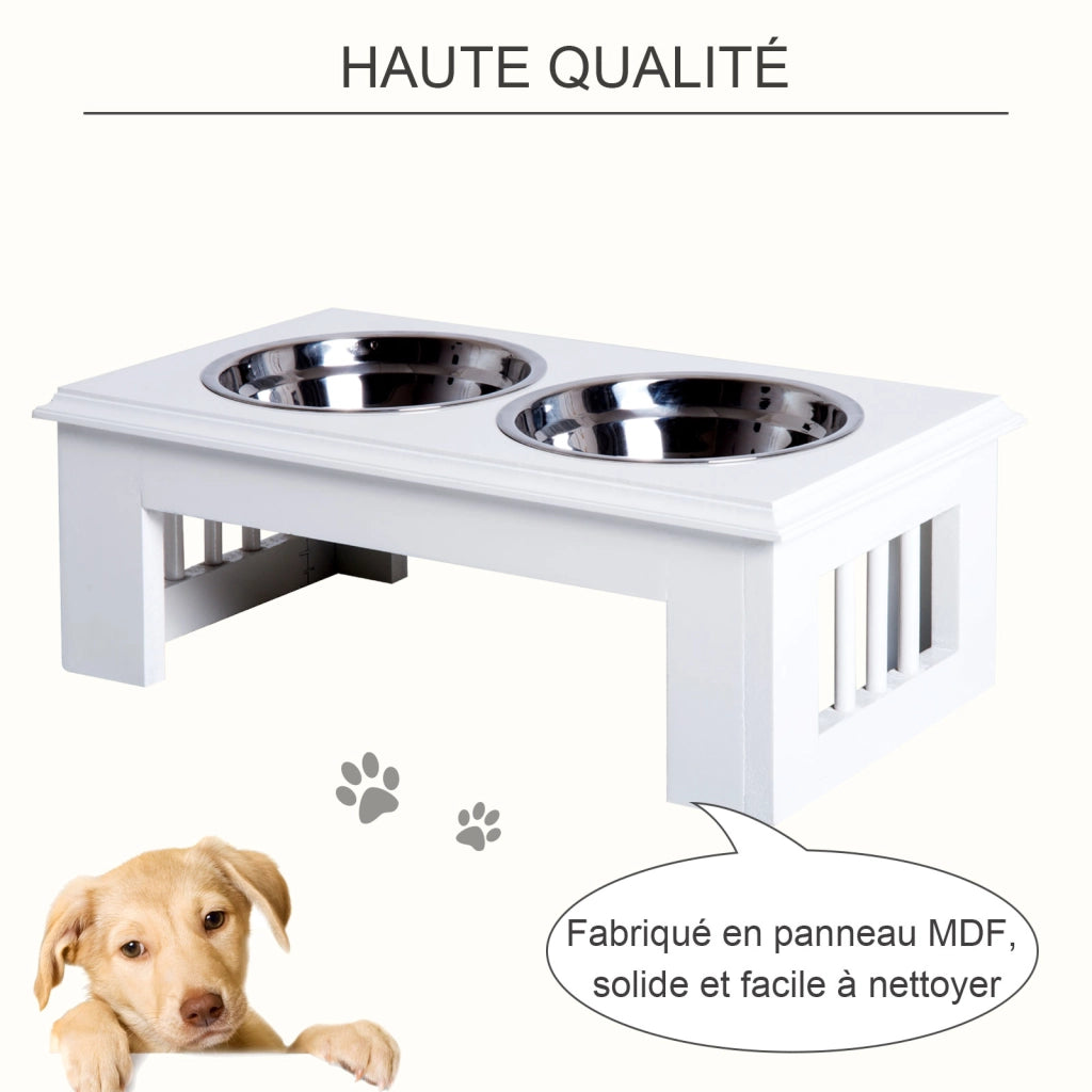 Ciotola rialzata per cani e gatti doppia ¨C Xylo ¨C 44x24x15cm, 2 ciotole in acciaio inox 0,9L, legno bianco