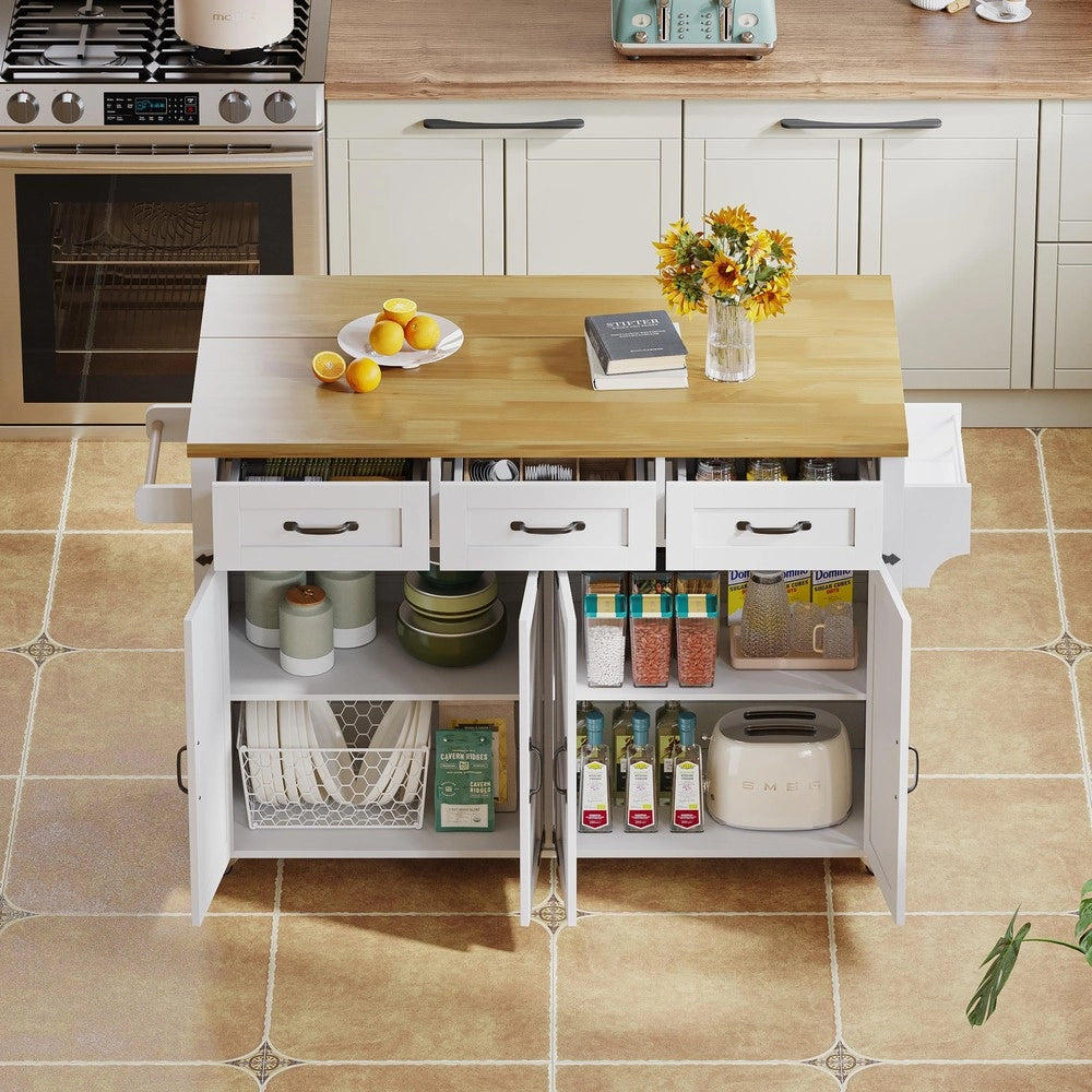 Isola Cucina con Piano Ribaltabile e Ruote ¨C Xylo ¨C Bianco, 4 Ante, 3 Cassetti, 140x43x90.5 cm