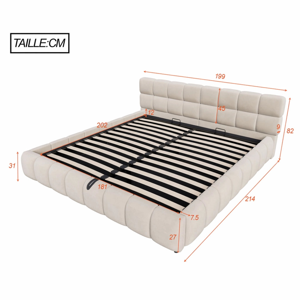 DESMIU Letto Contenitore 180 × 200 cm 2 posti con LED, apertura idraulica e senza materasso, in velluto beige
