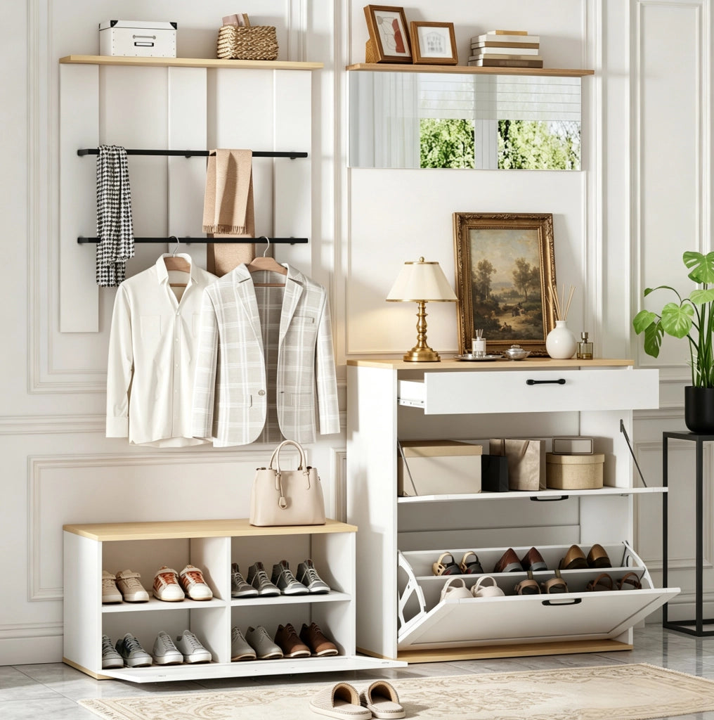 Set guardaroba modulare bianco e legno naturale con scarpiera, specchio e panca