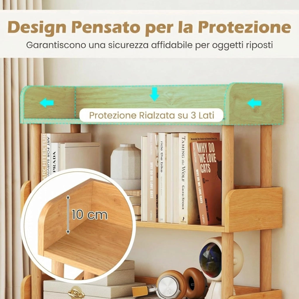 Libreria Verticale a 5 Livelli, Scaffale per Libri Aperto con Gambe in Legno di Pino,Protezione dei Bordi e Kit Antiribaltamento, Libreria Scaffale da Terra per Soggiorno e Camera da Letto