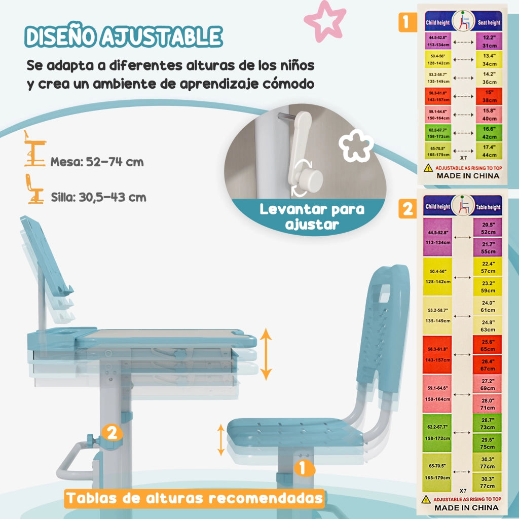 Scrivania bambini regolabile con cassetto scaffale angolo piano regolabile 80x49,5x82-104 cm ¨C Xylo ¨C Azzurro bianco