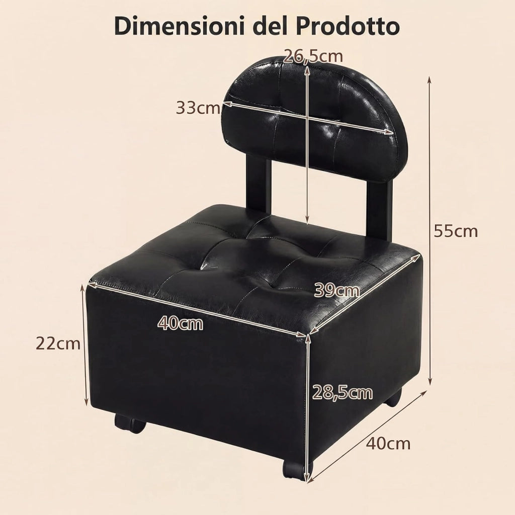 Set 2 Sedie da Salotto con Schienale Trapuntato, 40 X 40 X 55 CM, Seduta Imbottita e 4 Ruote con Freno, Portata 150 KG, Sgabelli Impilabili in Finta Pelle per Soggiorno e Studio (Nero)