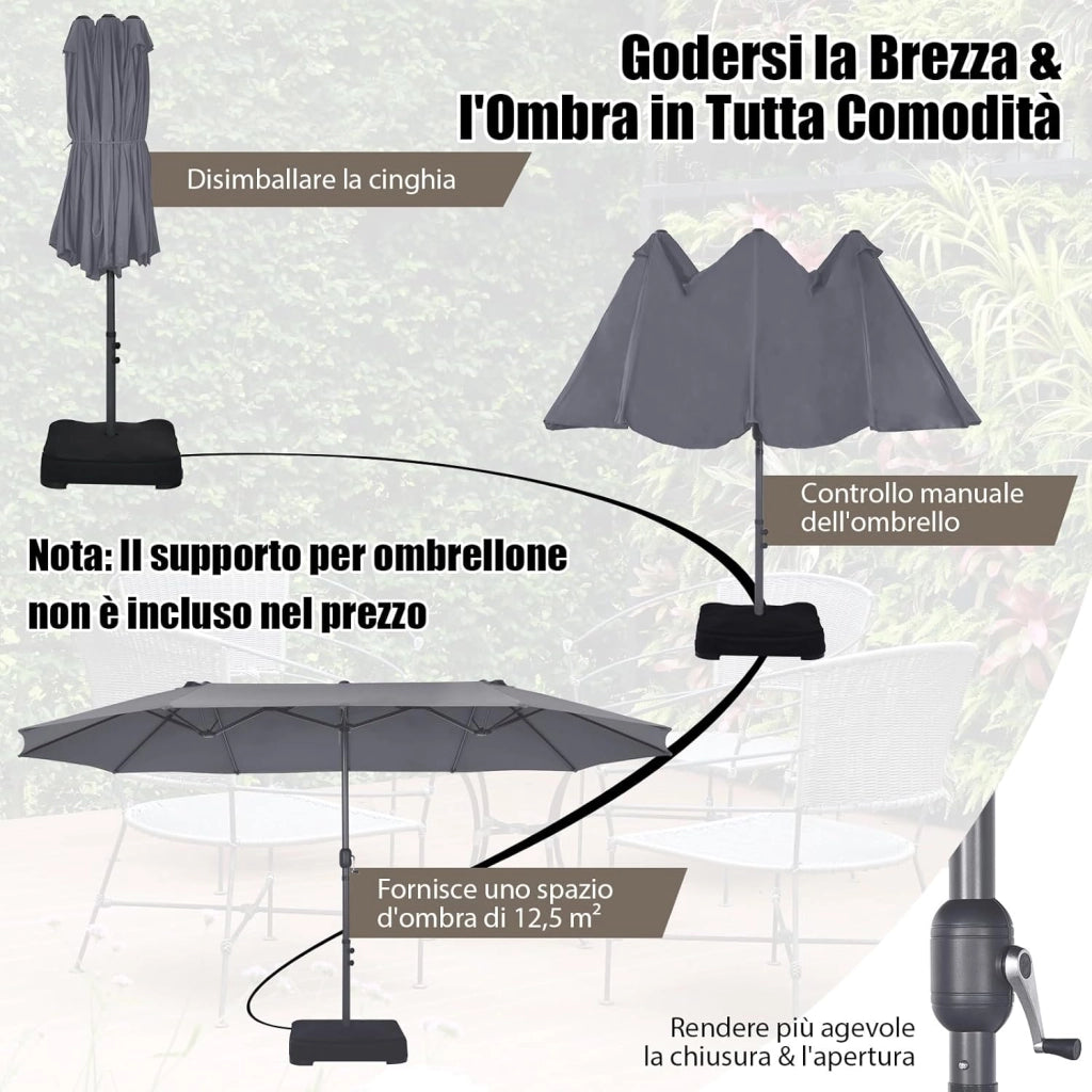 Ombrellone da Giardino Doppio 470 cm, Ombrello per Esterno con Manovella e 12 Stecche, Ombrello Rettangolare Pieghevole, per Giardino Piscina Terrazza, 470 x 280 x 245 cm (Grigio)