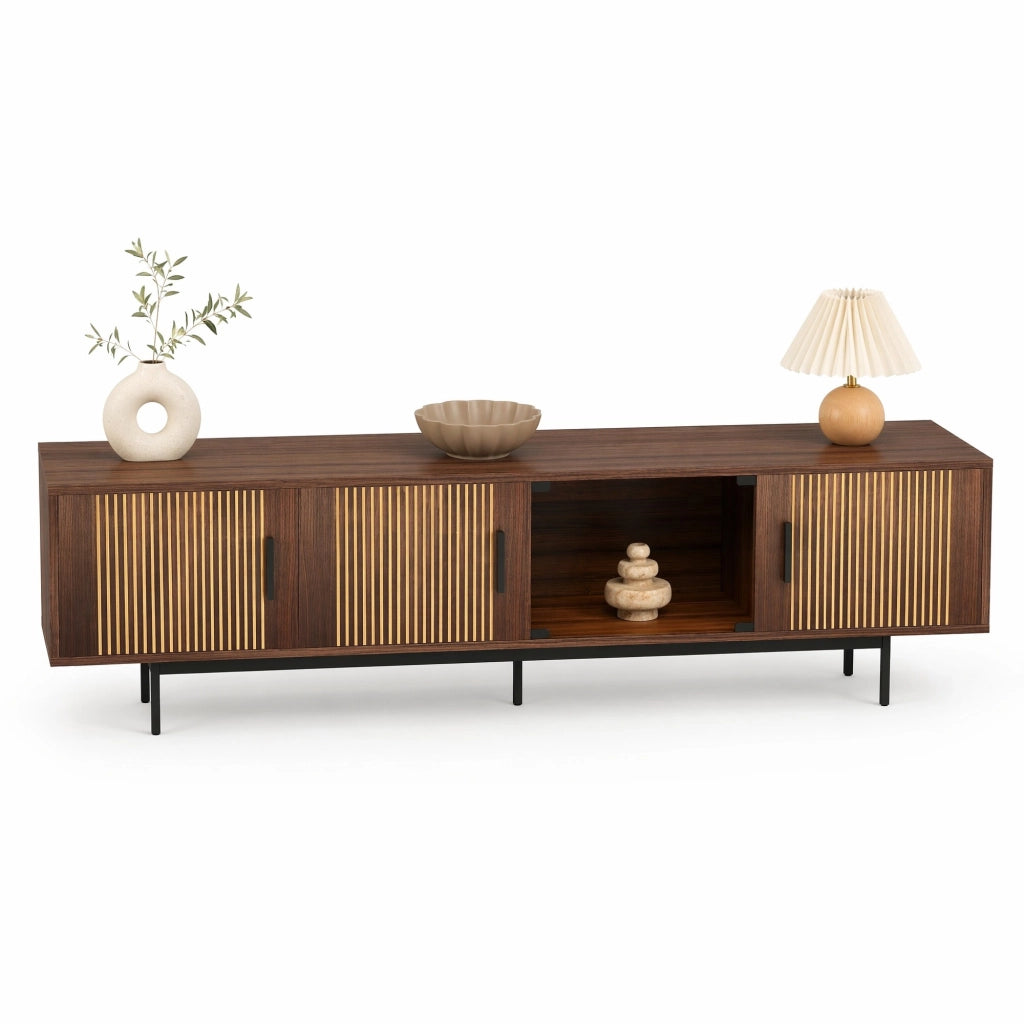 Mobile TV con striscia LED Bluetooth e app porte in vetro temperato nero e marrone noce 200 × 35 × 53 cm