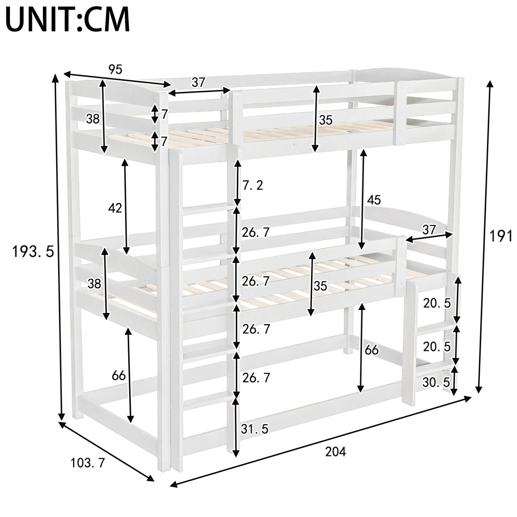Letto a castello 90×200 cm; letto 3 posti con 2 scale; senza materasso; in legno bianco