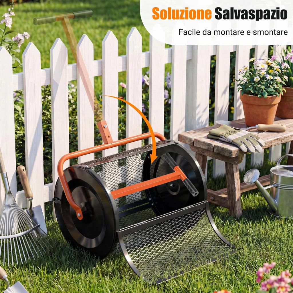 Spandiconcime a Rullo, Rullo da Giardino con Impugnatura Pratica Chiusure Laterali e Rete in Metallo per Concimazione e Semina, Spandiconcime per Prato e Giardino (40 x 61 cm Arancione)