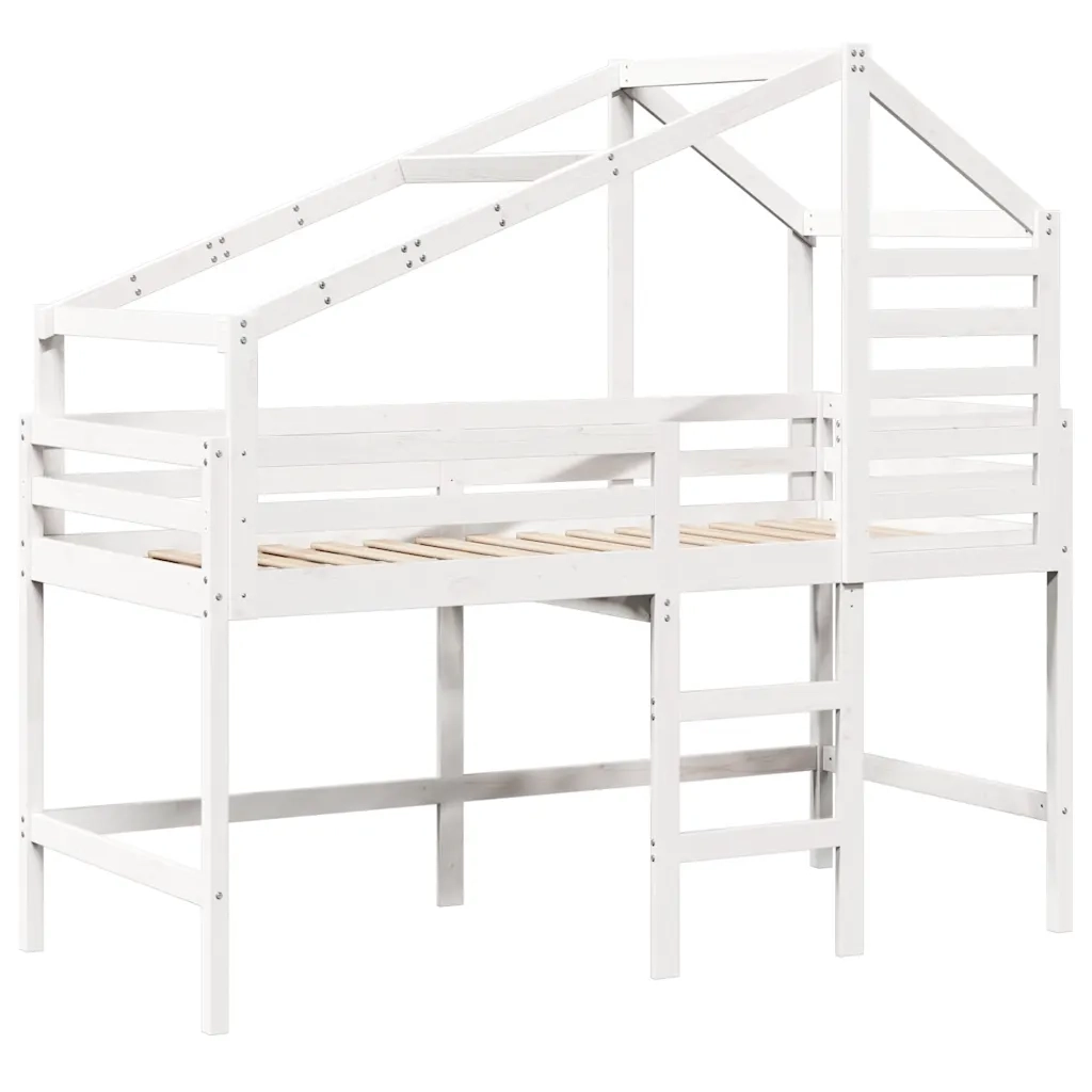 Letto Soppalco con Scala e Tetto Bianco 90x190 cm Massello Pino