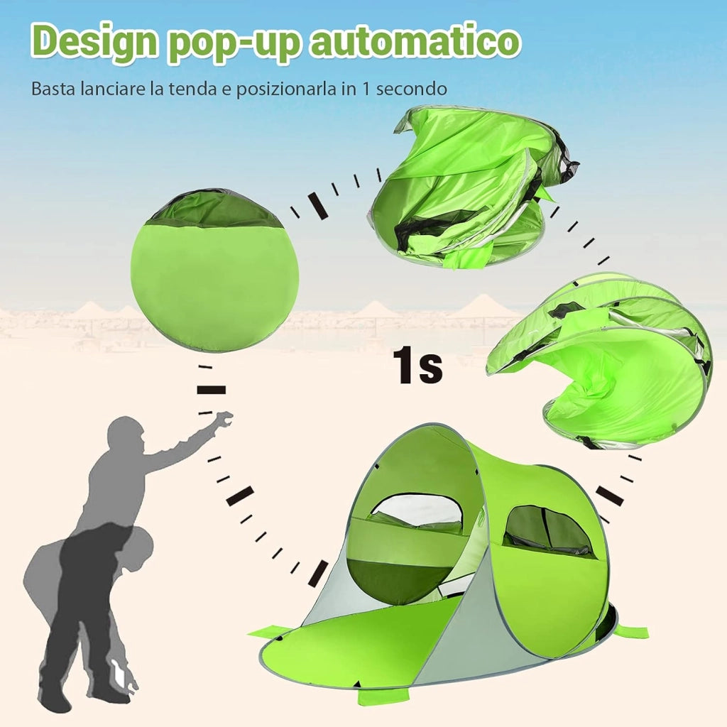Tenda da Spiaggia per 3-4 Persone,Tenda Pop Up Portatile con Protezione Solare, con 2 Finestre a Rete, per Attivita all’Esterno