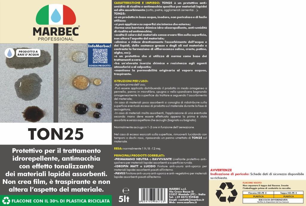 Trattamento idrorepellente antimacchia cotto e pietre TON25   5LTx4Pz