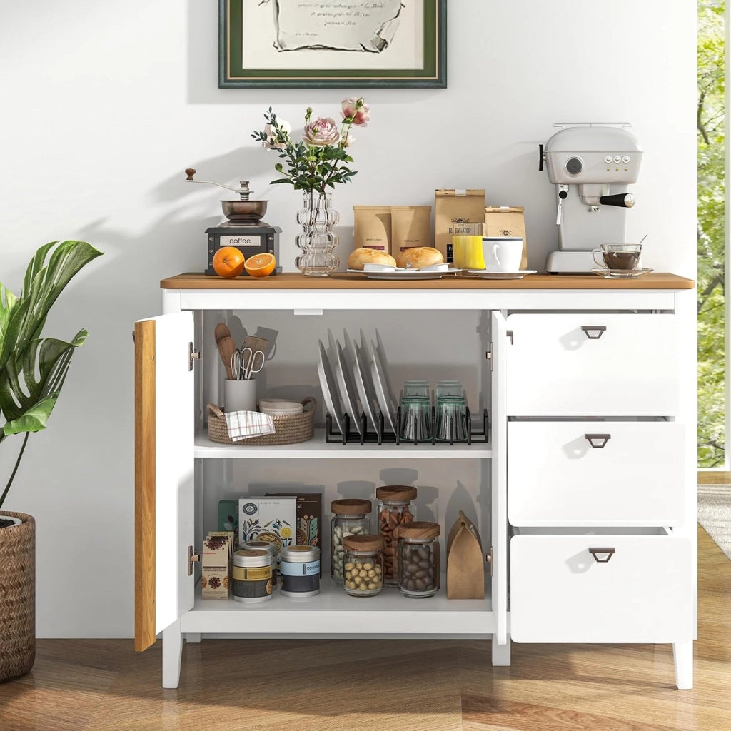 Credenza da cucina con 3 cassetti e 1 armadio con ante e protezione antiribaltamento e ripiano regolabile, per soggiorno, cucina, sala da pranzo, 106 x 40 x 80 cm