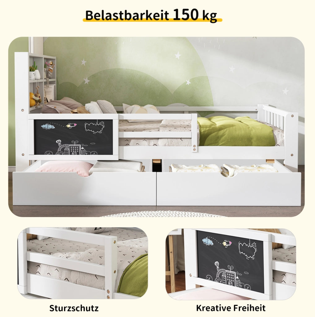 Letto per bambini con lavagna, cassetti e rete 90 x 200 cm bianco