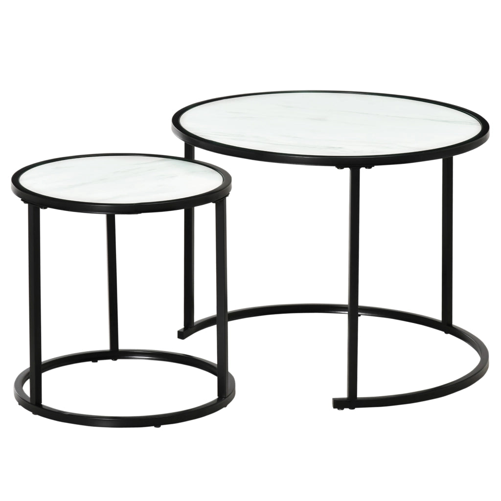 Tavolini nido rotondi apilabili con piano effetto marmo ¨C zephmum ¨C ?60x46 cm e ?40x40 cm bianco
