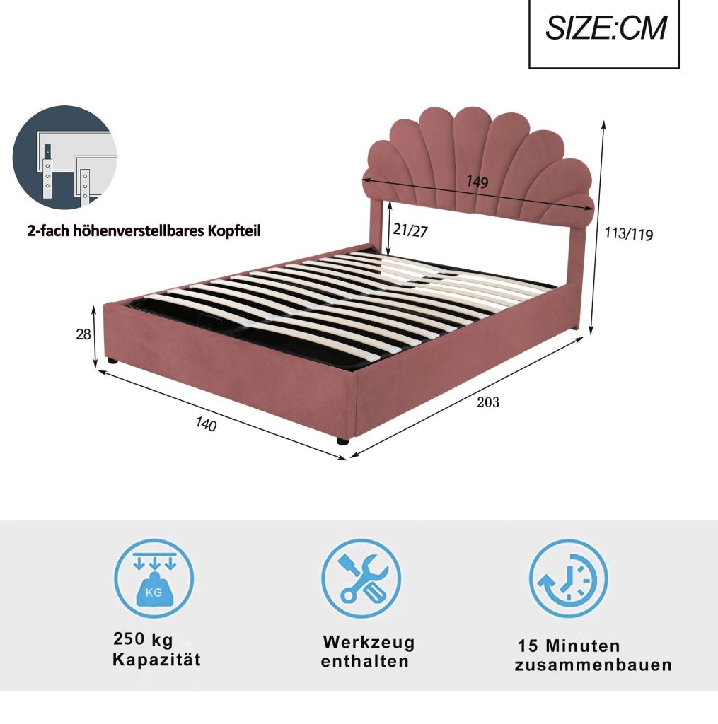 Letto matrimoniale 140x200 cm; contenitore idraulico; velluto rosa (Senza materasso)