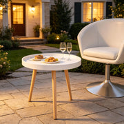 Tavolino basso rotondo con bordo rialzato e 3 gambe, stile semplice, in MDF e legno, bianco e rovere, Ø 50 × 44 cm