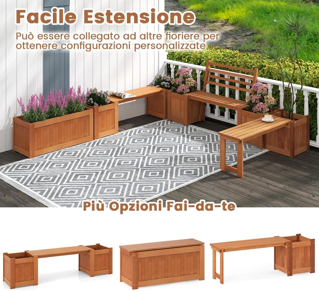 Fioriera da Esterno in Legno con Panca, Panchina da Giardino con 2 Fioriere, Schienale, Base Aperta e Finitura ad Olio di Teak, Contenitore Decorativo per Piante da Cortile e Balcone