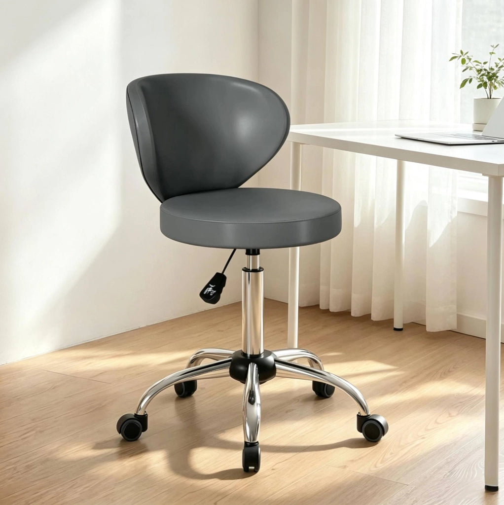 Sgabello girevole ULEVR con schienale, altezza regolabile 51-66 cm, ruote in PU, grigio e argento