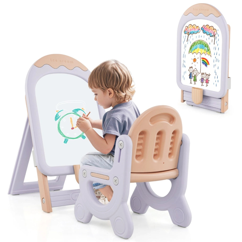 Cavalletto regolabile e pieghevole con lavagna e scatola portaoggetti, Cavalletto da disegno per bambini con sedia Viola