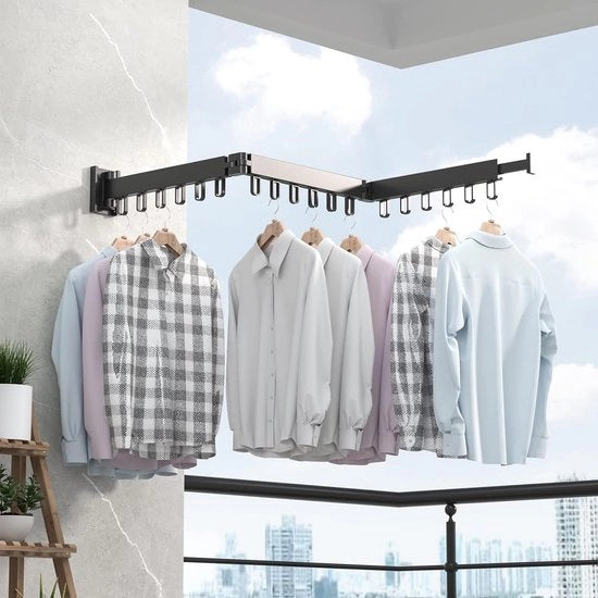 Standard per forno con 18 ganci, fissaggio a parete, spaziale, pieghevole, stendibiancheria con asseggio per asciugamano per balcone, bagno, camera da letto - Nero