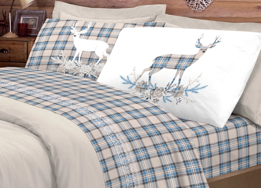 Completo Lenzuola Flanella Pensieri Delicati 100% Cotone Disegno Cervo Tartan - Piazza E Mezza - Azzurro