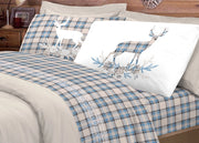 Completo Lenzuola Flanella Pensieri Delicati 100% Cotone Disegno Cervo Tartan - Piazza E Mezza - Azzurro